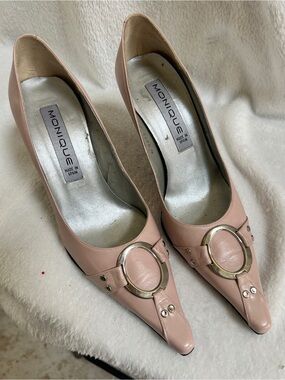 Nique Blush Pink Pointed Leather Heels with Gold Ring Accent